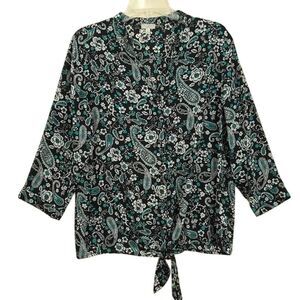 Talbots Floral Paisley Front Tie 3/4 Sleeve Blouse